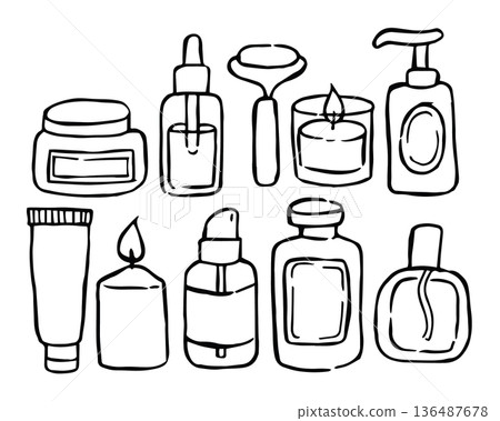 Set of cosmetic care products. Vector illustration in doodle style. Set of cosmetic care products. Vector illustration in doodle style. 136487678