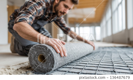 Underfloor heating installation worker laying insulation mat modern interior 136487679