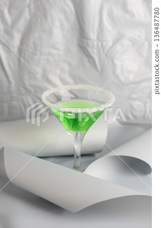 Green Cocktail with Sugar Rim. Festive Saint Patricks Day Minimal Still life 136487780
