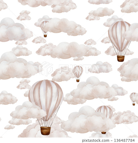 Seamless pattern with hot Air Balloons and Clouds in the sky. Watercolor repeat ornament background for Kids. Cute Print for childish textile design or wallpaper in pastel beige pink colors. 136487784