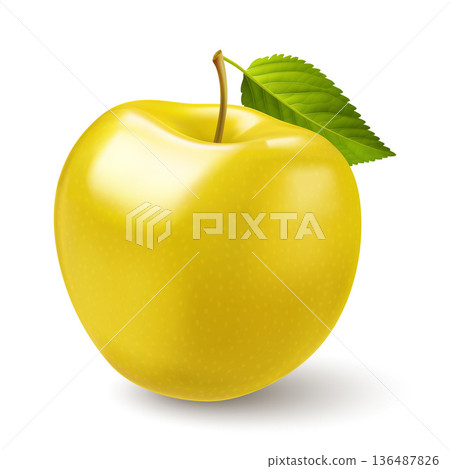 Yellow apple with green leaf Yellow apple with green leaf 136487826