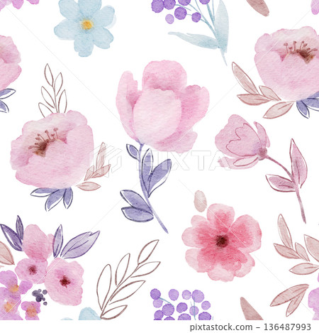 Pink flowers seamless pattern in simple style with pink blossoms, small blue flowers, purple berries. For fabric, wallpaper, gift wrap, packaging, stationery, scrapbooking and surface design. Pink flowers seamless pattern in simple style with pink blossoms, small blue flowers, purple berries. For fabric, wallpaper, gift wrap, packaging, stationery, scrapbooking and surface design. 136487993