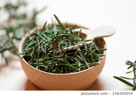Fresh Rosemary Sprigs In A Wooden Bowl, Nature'S Green Herb 136488054