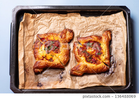 Savory Pastries Shaped Like Turtles On A Parchment-Lined Baking Tray. Savory Pastries Shaped Like Turtles On A Parchment-Lined Baking Tray. 136488069