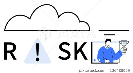 Risk management, cloud computing, digital security, online success, achievement, business safety. Cloud with text, a warning triangle and a person holding a trophy. Risk management and cloud 136488099