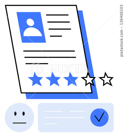 User experience evaluation, customer reviews, online reputation, service rating, business credibility, satisfaction survey. A document with profile info, rating stars and feedback elements. User User experience evaluation, customer reviews, online reputation, service rating, business credibility, satisfaction survey. A document with profile info, rating stars and feedback elements. User 136488103