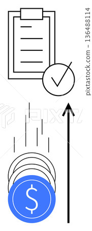 Financial planning, investment growth, success strategies, goal achievement, economic visualization, wealth building. A checklist, coins and arrow financial growth ideas. Financial planning Financial planning, investment growth, success strategies, goal achievement, economic visualization, wealth building. A checklist, coins and arrow financial growth ideas. Financial planning 136488114