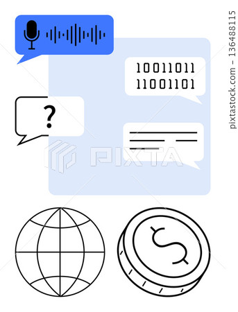 Communication technologies, digital transactions, global connectivity, coding, online trading, artificial intelligence. Speech bubbles with binary codes, question mark, and currency coin Communication technologies, digital transactions, global connectivity, coding, online trading, artificial intelligence. Speech bubbles with binary codes, question mark, and currency coin 136488115
