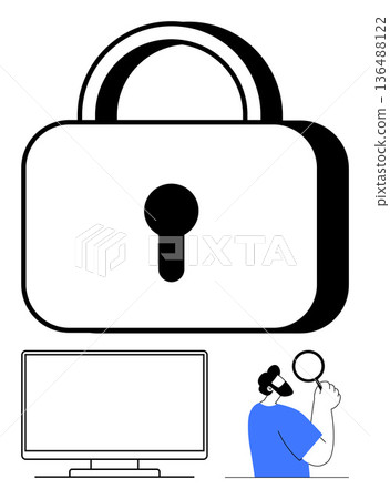 Cybersecurity, data protection, internet safety, network security, online privacy, secure browsing. Large padlock symbol, computer monitor person inspecting with magnifying glass. Cybersecurity Cybersecurity, data protection, internet safety, network security, online privacy, secure browsing. Large padlock symbol, computer monitor person inspecting with magnifying glass. Cybersecurity 136488122