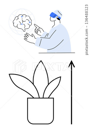 Virtual reality, brain research, mental health, growth, innovation, and future technology. A person using VR pointing to a brain and a plant with an upward arrow. Virtual technology and growth 136488123