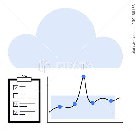 Cloud computing, data analytics, task management, business strategy, technology integration, productivity tools. Cloud icon above a checklist and line graph. Cloud computing and data analytics 136488128