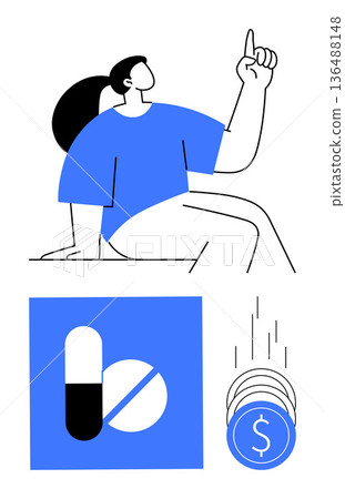 Healthcare, medical expenses, treatment options, affordability, financial challenges, medicine funding. Woman raising a hand, medicine icons and coins. Healthcare and medical expenses visualization Healthcare, medical expenses, treatment options, affordability, financial challenges, medicine funding. Woman raising a hand, medicine icons and coins. Healthcare and medical expenses visualization 136488148