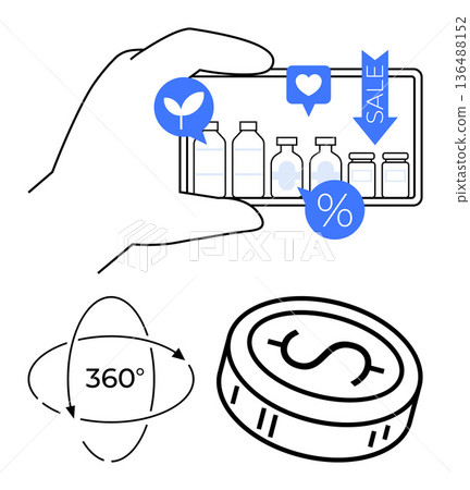 Online shopping, e-commerce, discounts, augmented reality, technology, digital advertising. A hand holding a smartphone showing products and discounts, 360-degree view symbol, and a dollar coin Online shopping, e-commerce, discounts, augmented reality, technology, digital advertising. A hand holding a smartphone showing products and discounts, 360-degree view symbol, and a dollar coin 136488152