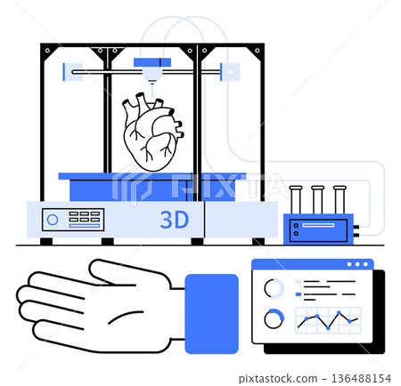 Healthcare innovation, organ transplant, 3D printing, biotechnology, medical technology, lab research. 3D printer creating a heart, hand and data-focused interface. Healthcare innovation 136488154