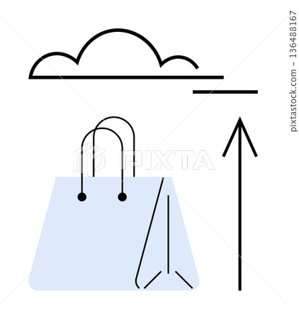 Data storage, e-commerce, cloud solutions, digital upload, online shopping, technology. Shopping bag and upward arrow beneath a cloud. Data storage and e-commerce concept Data storage, e-commerce, cloud solutions, digital upload, online shopping, technology. Shopping bag and upward arrow beneath a cloud. Data storage and e-commerce concept 136488167