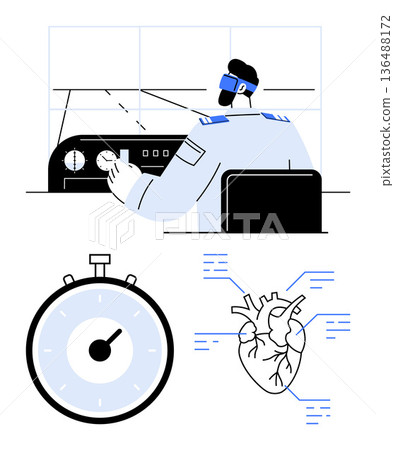 Aviation safety, precision timing, cardiovascular health, flight training, pilot performance, technology. A pilot in a cockpit, stopwatch and illustrated heart diagram. Aviation safety and precision Aviation safety, precision timing, cardiovascular health, flight training, pilot performance, technology. A pilot in a cockpit, stopwatch and illustrated heart diagram. Aviation safety and precision 136488172