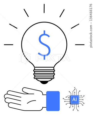 Financial technology, AI-powered economy, investment tools, innovation, digital solutions, creative ideas. Lightbulb with dollar sign, AI chip and hand. Financial technology and AI-powered economy Financial technology, AI-powered economy, investment tools, innovation, digital solutions, creative ideas. Lightbulb with dollar sign, AI chip and hand. Financial technology and AI-powered economy 136488176