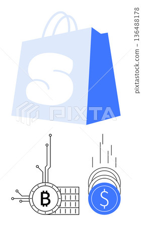 Online shopping, digital payments, blockchain, cryptocurrency trading, fintech, virtual wallets. Shopping bag with Bitcoin and dollar symbols. E-commerce and digital payments concept Online shopping, digital payments, blockchain, cryptocurrency trading, fintech, virtual wallets. Shopping bag with Bitcoin and dollar symbols. E-commerce and digital payments concept 136488178