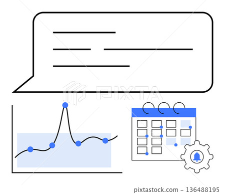 Business management, teamwork scheduling, data analytics, reporting, productivity, workflow planning. Graph with data points, calendar with gear icon speech bubble. Data analytics and business Business management, teamwork scheduling, data analytics, reporting, productivity, workflow planning. Graph with data points, calendar with gear icon speech bubble. Data analytics and business 136488195