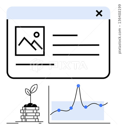 Business growth, investment, finance, data visualization, analytics, sustainability. A plant growing on stacked coins, a graph chart and a web template. Business growth and investment concepts 136488199