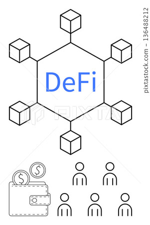 Decentralized finance, blockchain technology, cryptocurrency, peer-to-peer transactions, digital wallets, network connections. Blockchain network with cubes, wallet with coins, group of users 136488212