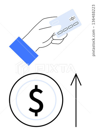 Financial growth, online payments, e-commerce, transaction concepts, cashless economy, money trends. Hand holding a credit card, dollar sign with upward arrow. Financial growth and online payments Financial growth, online payments, e-commerce, transaction concepts, cashless economy, money trends. Hand holding a credit card, dollar sign with upward arrow. Financial growth and online payments 136488223