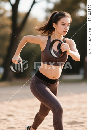 Women exercising outdoors with a fitness ring. 136488592