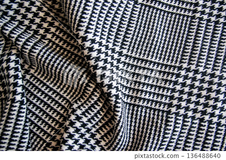 Cotton black and white cage. Textile cloth background in summer day for fashion clothing. Cotton black and white cage. Textile cloth background in summer day for fashion clothing. 136488640