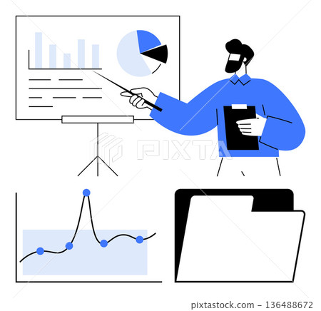 Data visualization, business strategy, analytics, market research, corporate training, financial planning. A person presenting graphs, charts and documents. Data visualization and business strategy Data visualization, business strategy, analytics, market research, corporate training, financial planning. A person presenting graphs, charts and documents. Data visualization and business strategy 136488672