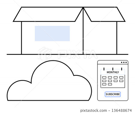 E-commerce, cloud services, delivery management, monthly plans, subscription platforms, data storage. Outline of a box, cloud and subscription calendar interface. E-commerce and cloud services theme 136488674