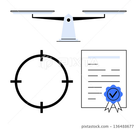 Legal balance, justice, certification, document validation, accuracy, goal setting. A scale, certified document and target icon. Justice and certification highlighted in a conceptual context Legal balance, justice, certification, document validation, accuracy, goal setting. A scale, certified document and target icon. Justice and certification highlighted in a conceptual context 136488677
