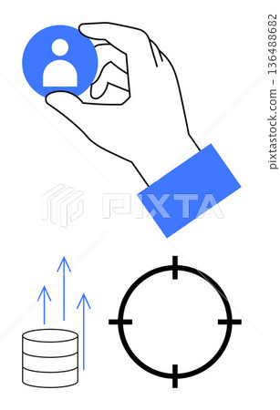 Digital marketing, user selection, data management, business targeting, technology icons, analytics tools. Hand holding a blue profile icon, arrows next to a database target symbol. Digital 136488682