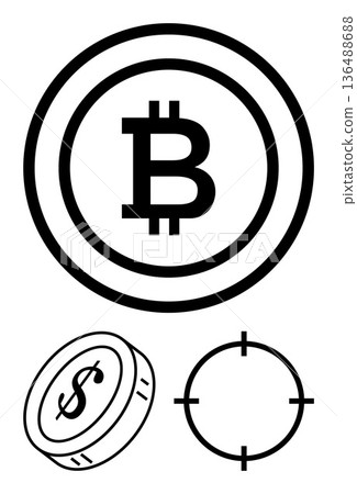 Cryptocurrency, blockchain technology, financial strategy, investment targets, economic trends, payment systems. Bitcoin symbol, dollar sign coin target icon. Cryptocurrency and blockchain Cryptocurrency, blockchain technology, financial strategy, investment targets, economic trends, payment systems. Bitcoin symbol, dollar sign coin target icon. Cryptocurrency and blockchain 136488688