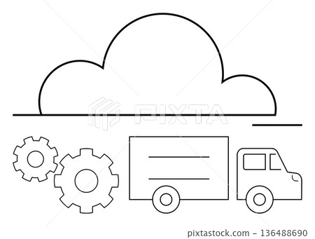 Cloud logistics, cloud computing, transportation system, supply chain, data management, digital integration. Minimalist line art of a cloud, gears and delivery truck. Cloud logistics Cloud logistics, cloud computing, transportation system, supply chain, data management, digital integration. Minimalist line art of a cloud, gears and delivery truck. Cloud logistics 136488690