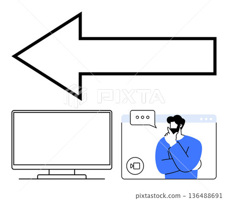Digital navigation, video conferencing, communication, decision-making, technology interaction, guidance. A large left arrow next to a computer screen and a video call interface. Digital navigation Digital navigation, video conferencing, communication, decision-making, technology interaction, guidance. A large left arrow next to a computer screen and a video call interface. Digital navigation 136488691