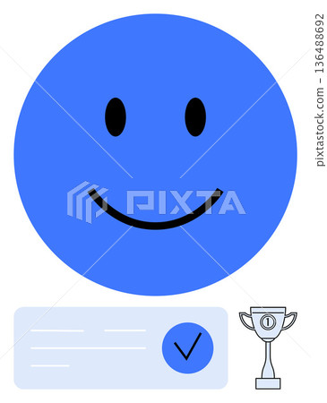 Positive feedback, achievement awards, success recognition, motivation and rewards, goals completion, satisfaction. Blue happy face, trophy and verified badge. Positive feedback and success in Positive feedback, achievement awards, success recognition, motivation and rewards, goals completion, satisfaction. Blue happy face, trophy and verified badge. Positive feedback and success in 136488692