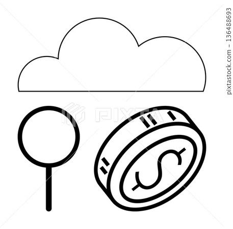Cloud computing, data analysis, financial transactions, monetary systems, online storage, digital services. Outline of a cloud, magnifying glass and coin. Cloud computing and data analysis concept Cloud computing, data analysis, financial transactions, monetary systems, online storage, digital services. Outline of a cloud, magnifying glass and coin. Cloud computing and data analysis concept 136488693