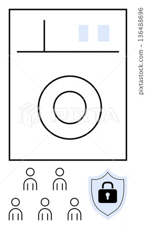 Cybersecurity, data protection, user privacy, digital safety, online security, technology illustration. Diagram with digital interface elements, shield with padlock people icons. Cybersecurity 136488696
