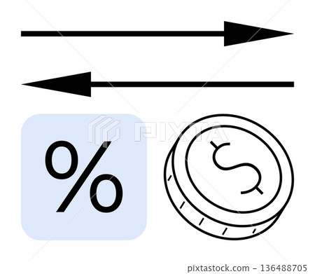 Finance, currency exchange, interest rates, economics, investment, banking. Two arrows, percentage sign and dollar coin. Highlights currency exchange and economic concepts Finance, currency exchange, interest rates, economics, investment, banking. Two arrows, percentage sign and dollar coin. Highlights currency exchange and economic concepts 136488705