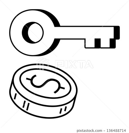 Security, financial access, savings, investment, money management, wealth protection. Minimalist design of a key and a coin. Security and financial access concept for personal and business use 136488714