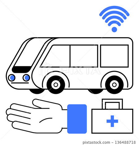 Public transport, connectivity, emergency aid, smart city, healthcare access, digital mobility. Bus with wireless signal, hand medical first aid kit. Public transport and connectivity concept Public transport, connectivity, emergency aid, smart city, healthcare access, digital mobility. Bus with wireless signal, hand medical first aid kit. Public transport and connectivity concept 136488718