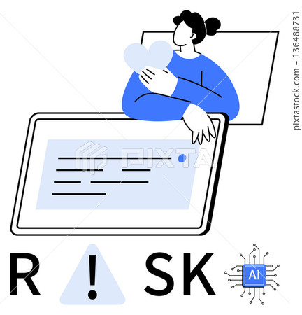 Artificial intelligence, emotional safety, risk management, ethics in AI, technology awareness, digital responsibility. Person holding heart near AI elements. Emotional safety and risk management 136488731