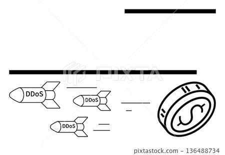 Cyberattacks, financial security, risk management, digital threats, banking systems, online economy. Image of DDoS missiles aiming at a dollar coin. Cyberattacks and financial security concept 136488734