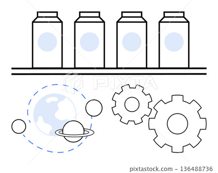 Automation, manufacturing, technology, industry, global trade, innovation. Factory production line, planetary orbit symbols and gears. Automation and manufacturing concepts visually Automation, manufacturing, technology, industry, global trade, innovation. Factory production line, planetary orbit symbols and gears. Automation and manufacturing concepts visually 136488736