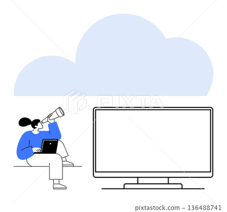 Cloud computing, technology innovation, data storage, remote work, digital transformation, future forecast. Woman with laptop and telescope beside monitor with cloud above. Cloud computing 136488741