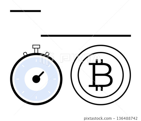 Cryptocurrency, blockchain, financial speed, digital money, time-saving, technology innovation. A timer and Bitcoin symbol on a clean backdrop. Cryptocurrency and blockchain efficiency concept Cryptocurrency, blockchain, financial speed, digital money, time-saving, technology innovation. A timer and Bitcoin symbol on a clean backdrop. Cryptocurrency and blockchain efficiency concept 136488742