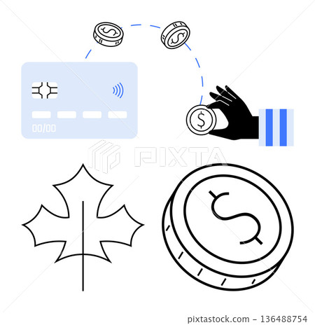 Digital payments, online banking, e-commerce, currency exchange, financial services, transaction security. Credit card, coins hand holding coin and maple leaf. Digital payments and online banking Digital payments, online banking, e-commerce, currency exchange, financial services, transaction security. Credit card, coins hand holding coin and maple leaf. Digital payments and online banking 136488754