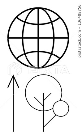 Climate change, sustainability, renewable energy, global connections, environmental conservation, ecological balance. Globe, arrow and tree-shaped designs. Climate change and sustainability concept Climate change, sustainability, renewable energy, global connections, environmental conservation, ecological balance. Globe, arrow and tree-shaped designs. Climate change and sustainability concept 136488756