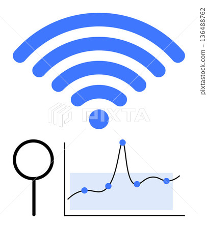 Technology, data analysis, connectivity, communication, innovation, information exchange. Blue wireless signal symbol, magnifying glass and line graph. Connectivity and data analysis concept Technology, data analysis, connectivity, communication, innovation, information exchange. Blue wireless signal symbol, magnifying glass and line graph. Connectivity and data analysis concept 136488762