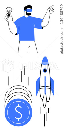 Business growth, entrepreneurship, innovation, startup ideas, financial success, creative solutions. A man holding a lightbulb, rocket launching and dollar coin stack. Business growth and innovation Business growth, entrepreneurship, innovation, startup ideas, financial success, creative solutions. A man holding a lightbulb, rocket launching and dollar coin stack. Business growth and innovation 136488769